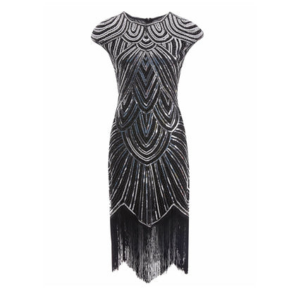 Womens 1920s Vintage Flapper Party Dress V-Neck Sleeve Sequin Fringe Midi Dresses