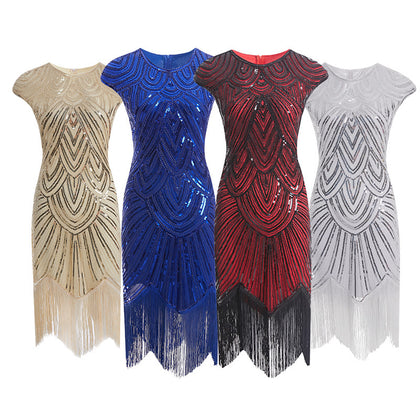 Womens 1920s Vintage Flapper Party Dress V-Neck Sleeve Sequin Fringe Midi Dresses