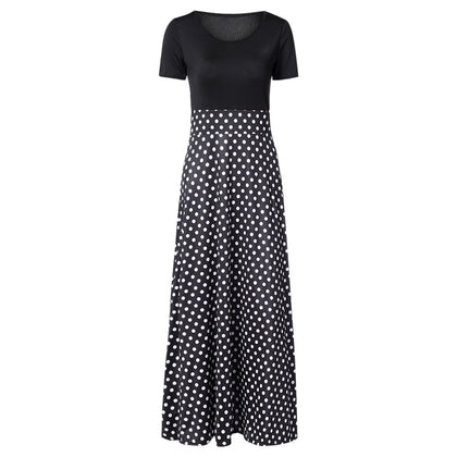 Women Print Long Dress Spliced Round Collar Short Sleeve High Waist