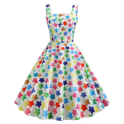 Mock Button Star Print Vintage Flare Dress