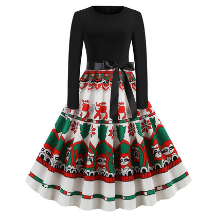 Christmas Print Long-sleeved Vintage Dress for Women