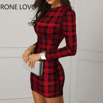 Women Plaid Long Sleeve Bodycon Dress Party Sexy Elegant Fashion