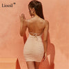 Liooil Sexy Ruched Bodycon Mini Dress Women 2022 Spaghetti Strap Sleeveless Backless Drawstring Khaki Party Tight Short Dresses