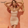 Liooil Sexy Ruched Bodycon Mini Dress Women 2022 Spaghetti Strap Sleeveless Backless Drawstring Khaki Party Tight Short Dresses