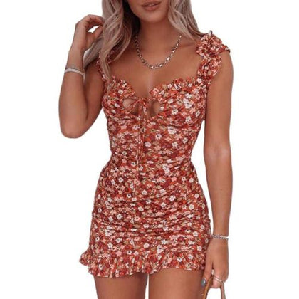 Printed Dress Women Sexy Ruffled Straps Floral Print Chest String Bodycon Party Mini 2022 Luxury Designer Vestidos