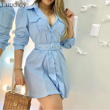 Puff Sleeve Shirt Mini Dress Female Vintage Button Belt Dress