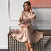 Women Vintage Sashes Satin A-line Dress Lantern Sleeve O Neck Solid Elegant Casual Party 2022 Summer OL New Fashion