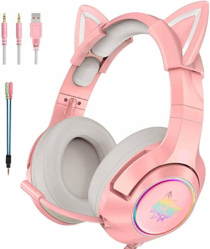 Pink Gaming Headset K9 with 7.1 Virtual Surround Sound and Removable Cat Ear for PS4, PC, Computer, Noise Canceling Retractable Microphone